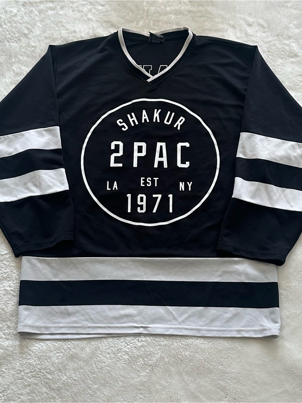 Tupac Shakur 2Pac Bravado Hockey Jersey Mens L Black White 2017 Rap Tee